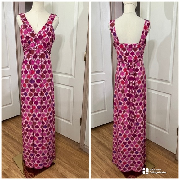 JAX Pink Leaf Print Maxi Dress Size 8 Empire‎ Waist Sleeveless Boho Resort - Picture 1 of 11